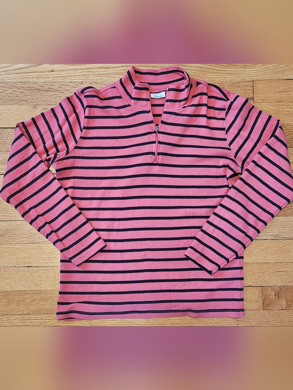 L.L. Bean Women's Coral and Navy Striped Quarter-Zip Pullover